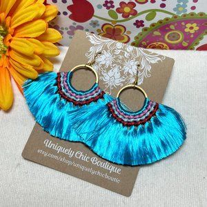 Med Fan Tassel Earrings Blue Hoops Smooth Shiny Silky Fringe Drop Dangles NWT